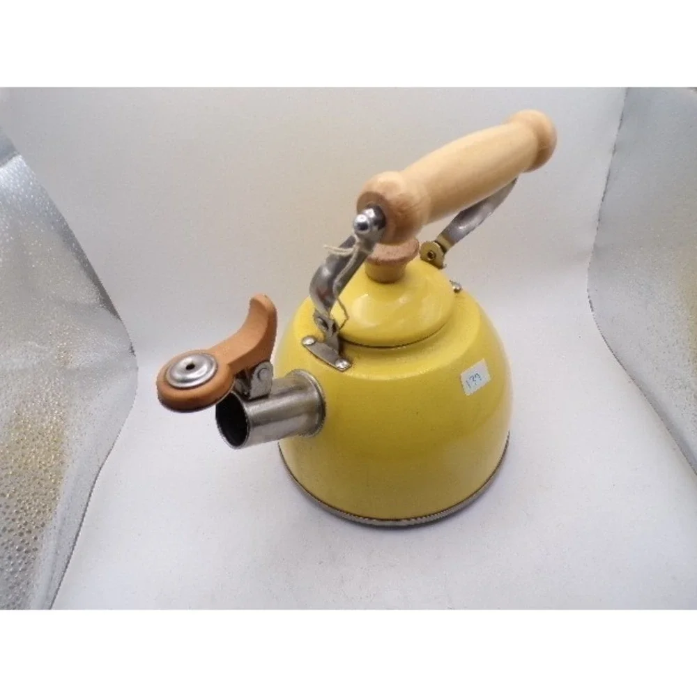 Vintage‎ Yellow Enamel Whistling Tea Kettle Wood Handle Retro Farmhouse Stovetop